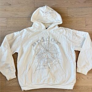 SP5DER Men’s White Hoodie With Crystal Spider Web Design Size X-Large